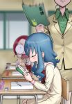  2girls blue_hair blurry blurry_background desk eraser hanasaki_tsubomi heartcatch_precure! kurumi_erika motion_blur multiple_girls pen pink_hair precure saliva school_desk school_uniform sleeping teacher_and_student textbook wavy_mouth wide-eyed 