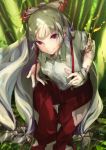  1girl baggy_pants bamboo bamboo_forest bangs bow burning burning_clothes burnt_clothes clenched_teeth collared_shirt commentary_request dappled_sunlight day eyebrows_visible_through_hair fire floating_hair forest from_above fujiwara_no_mokou grass hair_bow highres hime_cut knee_up l!bra long_hair looking_at_viewer nature ofuda ofuda_on_clothes outdoors pants red_bow red_eyes red_pants shirt sidelocks sitting smile solo stitches sunlight suspenders suspenders_pull teeth torn_clothes touhou very_long_hair white_bow white_hair white_shirt 