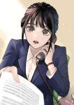  1girl :o absurdres black_eyes black_hair blue_suit blurry_foreground chair formal highres looking_at_viewer miyako_ruri mole mole_under_eye office_lady original paper phone sitting solo suit wristband 