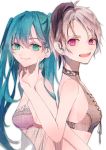  2girls absurdres aqua_eyes aqua_hair back-to-back bikini black_bikini_top closed_mouth flower_(vocaloid) hand_on_another&#039;s_chin hand_up hatsune_miku highres holding huge_filesize karanagare_4 lace_bikini long_hair looking_at_viewer multicolored_hair multiple_girls open_mouth pink_bikini_top purple_hair short_hair smile streaked_hair swimsuit twintails upper_body v_flower_(vocaloid4) violet_eyes vocaloid white_hair 