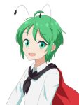  1girl ahoge antennae black_cape cape cato_(monocatienus) commentary_request eyebrows_visible_through_hair green_eyes green_hair long_sleeves looking_at_viewer open_mouth red_cape shirt short_hair simple_background solo standing touhou two-tone_cape upper_body white_background white_shirt wriggle_nightbug 
