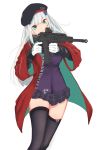  1girl aiming assault_rifle bangs beret black_headwear black_legwear black_skirt closed_mouth commentary facial_mark girls_frontline gloves green_eyes gun h&amp;k_hk416 hair_ornament hat head_tilt heckler_&amp;_koch highres hk416_(girls_frontline) holding holding_gun holding_weapon inniyik jacket long_hair long_sleeves object_namesake open_clothes pleated_skirt purple_jacket rifle silver_hair simple_background skirt solo thigh-highs very_long_hair weapon white_background white_gloves wide_sleeves 