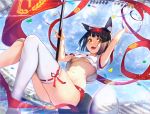  1girl animal_ear_fluff animal_ears armpits asymmetrical_legwear azur_lane bandaid bandaid_on_knee black_hair blue_sky breasts bubble buruma clouds commentary_request fangs flag fox_ears from_below gym_uniform happymonk headband highres holding holding_flag looking_at_viewer medium_breasts mutsu_(azur_lane) navel open_mouth outdoors red_buruma revision short_hair single_thighhigh skin_fangs sky smile solo stomach straight_hair thigh-highs under_boob white_legwear yellow_eyes 