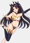  1girl absurdres armlet asymmetrical_legwear asymmetrical_sleeves bangs bare_shoulders black_hair breasts bridal_gauntlets commentary_request crown earrings elbow_gloves eyebrows_visible_through_hair fate/grand_order fate_(series) gloves hair_ribbon highres hoop_earrings ishtar_(fate/grand_order) jewelry large_breasts long_hair looking_at_viewer navel neck_ring parted_bangs red_eyes ribbon single_elbow_glove single_thighhigh smile solo thigh-highs tming toeless_legwear two_side_up 