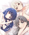  3girls akisaka_yamoka bangs bare_shoulders bed_sheet black_eyes black_hair blue_hair blunt_bangs blush breasts brown_eyes clenched_hands collarbone dress eyebrows_visible_through_hair finger_to_mouth from_above hair_between_eyes highres idolmaster idolmaster_cinderella_girls kobayakawa_sae lavender_eyes long_hair looking_at_viewer lying multiple_girls on_back parted_bangs parted_lips petals sajou_yukimi shiomi_shuuko short_hair sleeveless sleeveless_dress small_breasts smile upper_body white_hair 