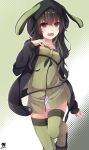  1girl absurdres alternate_costume alternate_hairstyle animal_ears black_hair blush breasts cosplay dress eyebrows_visible_through_hair green_dress green_legwear hair_ornament hibiki_zerocodo highres hood hoodie jacket kantai_collection kitakami_(kantai_collection) long_hair looking_at_viewer open_mouth rabbit_ears sidelocks small_breasts smile solo strapless strapless_dress thigh-highs thighs tube_dress violet_eyes vocaloid voiceroid yuzuki_yukari yuzuki_yukari_(cosplay) 