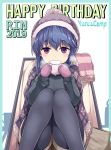  1girl black_legwear black_sweater blue_hair blush bobblehat breath character_name cloak commentary copyright_name dated eating english_text eyebrows_visible_through_hair food fringe_trim happy_birthday highres holding holding_food hood hooded_cloak kasai_shin long_sleeves looking_at_viewer mittens purple_headwear purple_mittens purple_scarf scarf shima_rin sitting solo sweater thigh-highs violet_eyes yurucamp 