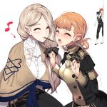  2boys 2girls annette_fantine_dominic black_hair blonde_hair blush boots bow closed_eyes commentary_request epaulettes faceless faceless_male felix_hugo_fraldarius fire_emblem fire_emblem:_three_houses food garreg_mach_monastery_uniform hair_bow highres knee_boots long_hair long_sleeves low_ponytail mercedes_von_martritz multiple_boys multiple_girls open_mouth orange_hair pocky pocky_day pocky_kiss redhead short_hair simple_background sylvain_jose_gautier twintails uniform white_background yappen yuri 