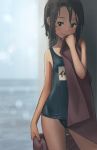  1girl black_eyes brown_hair i-401_(kantai_collection) kakinomai kantai_collection looking_at_viewer ocean one-piece_swimsuit school_swimsuit short_hair swimsuit tagme towel wall wet 