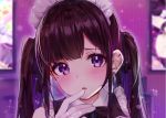  1girl bangs blurry blurry_background blush brown_hair commentary_request eyebrows_visible_through_hair face gloves looking_at_viewer maid maid_headdress official_art open_mouth original rouka_(akatyann) solo twintails violet_eyes white_gloves 
