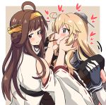  2girls absurdres ahoge bare_shoulders blonde_hair blue_eyes breasts brown_hair cheek_press chocolate closed_mouth commentary_request detached_sleeves double_bun fingerless_gloves flag_print food food_in_mouth gloves hairband headgear heart highres iowa_(kantai_collection) japanese_clothes kantai_collection kongou_(kantai_collection) large_breasts long_hair looking_at_another looking_back miiii mouth_hold multiple_girls nontraditional_miko pocky pocky_day spoken_heart spread_legs star star-shaped_pupils symbol-shaped_pupils thigh-highs yuri 