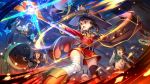  1boy 2girls bandaged_leg bandages belt black_hair black_legwear blush bow braid breasts cape dress fingerless_gloves frog gloves green_eyes hair_ornament hat kono_subarashii_sekai_ni_shukufuku_wo! large_breasts long_hair magic megumin multiple_girls official_art open_mouth red_dress red_eyes satou_kazuma short_hair single_thighhigh smile solo staff thigh-highs witch_hat yunyun_(konosuba) 