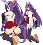  1girl ass bare_shoulders black_legwear blazblue boots breasts butt_crack commentary_request detached_sleeves hair_between_eyes kneeling long_hair looking_at_viewer medium_breasts multiple_views panties ponytail purple_hair red_eyes red_skirt shiseki_hirame simple_background skirt smile thigh-highs thigh_boots underwear very_long_hair white_background white_panties 