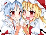  2girls ascot blonde_hair blue_hair blush bow cheek-to-cheek commentary eyebrows_visible_through_hair fang flandre_scarlet frills hand_up harry_(namayake) hat hat_ribbon long_hair mob_cap multiple_girls open_mouth pointy_ears ponytail red_bow red_eyes red_ribbon red_vest remilia_scarlet ribbon shirt siblings simple_background sisters slit_pupils smile touhou upper_body v vest white_background white_headwear white_shirt wings yellow_neckwear 