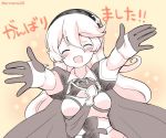 1girl armor cape closed_eyes corrin_(fire_emblem) corrin_(fire_emblem)_(female) eromame fang fire_emblem fire_emblem_fates hairband long_hair monochrome nintendo open_mouth outstretched_arms pointy_ears simple_background solo twitter_username upper_body