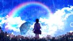  1girl backlighting bag blurry city clouds fisheye from_behind from_below grass highres kumeki_(kk4615) light_particles looking_afar medium_hair original outdoors rain rainbow scenery school_bag school_uniform signature skirt sky solo transparent transparent_umbrella umbrella 