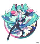  1girl :d absurdly_long_hair aqua_background arms_at_sides arms_up bare_shoulders beige_background black_legwear black_skirt blue_eyes blue_nails blue_neckwear breasts cloud_background clouds detached_sleeves eyebrows_visible_through_hair fingernails full_body hair_between_eyes happy hatsune_miku headset iwato1712 knees_together_feet_apart long_hair looking_at_viewer multicolored multicolored_background necktie open_mouth pleated_skirt polka_dot polka_dot_background purple_background shiny shiny_hair shirt shoulder_tattoo sidelocks simple_background skirt sleeveless sleeveless_shirt small_breasts smile solo sparkle sparkle_background standing standing_on_one_leg tattoo teeth thigh-highs twintails upper_teeth very_long_hair vocaloid white_background white_shirt zettai_ryouiki 