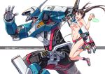  1girl abs ankle_boots armpits bikini black_hair boots breasts fanny_pack gun large_breasts long_hair mecha navel open_mouth original red_eyes robot running simple_background star star_print suzutsuki_kurara swimsuit twintails watch watch weapon 