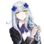  1girl bow bowtie braid girls_frontline green_eyes hair_ornament hana09487817 hk416_(girls_frontline) long_hair looking_at_viewer school_uniform shirt silver_hair simple_background teardrop tying_hair white_background white_shirt 