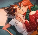  2girls brown_hair closed_eyes couch couple emily_(overwatch) freckles goggles goggles_on_head happy kiss long_hair multiple_girls official_art overwatch redhead shadow shirt short_hair sitting spiky_hair sweater tracer_(overwatch) white_shirt yuri 