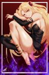  1girl asymmetrical_legwear asymmetrical_sleeves bangs barefoot between_breasts black_legwear blonde_hair breasts cape detached_collar ereshkigal_(fate/grand_order) eyebrows_visible_through_hair fate/grand_order fate_(series) hair_ribbon highres jewelry kisaragi_(legobionicle23) long_hair looking_at_viewer medium_breasts necklace parted_bangs red_cape red_eyes red_ribbon ribbon single_sleeve single_thighhigh skull smile solo spine thigh-highs tiara two_side_up very_long_hair 