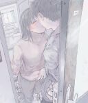  1boy 1girl blush book brown_hair cabinet carpet collar collarbone curtains door fingernails hatching_(texture) highres kiss light_particles light_rays long_hair mohato_official navel opening_door original pants plump shoes stomach sweatpants table window wooden_floor 