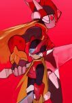  2boys absurdres android armor blonde_hair blue_eyes energy_sword gloves helmet highres holding holding_weapon long_hair male_focus multiple_boys omega_(rockman) ponytail red_background red_eyes robot rockman rockman_zero simple_background somnusfr sword very_long_hair weapon zero_(rockman) 