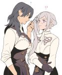  !? 2girls ? alternate_costume alternate_hairstyle black_gloves black_hair blue_eyes blush breasts byleth_(fire_emblem) byleth_eisner_(female) cowboy_shot edelgard_von_hresvelg embarrassed face-to-face fire_emblem fire_emblem:_three_houses food garreg_mach_monastery_uniform gloves long_hair long_sleeves looking_at_another medium_breasts multiple_girls neckerchief pocky pocky_day pocky_kiss profile radiostarkiller shirt shoulder_strap side_ponytail silver_hair simple_background skirt sleeves_rolled_up turtleneck violet_eyes white_background yuri 