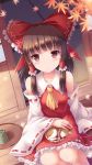  1girl animal ascot bangs bare_shoulders bow brown_eyes brown_hair cat cat_on_lap commentary_request cup detached_sleeves eyebrows_visible_through_hair frilled_shirt_collar frilled_skirt frills hair_bow hair_tubes hakurei_reimu highres long_hair looking_at_viewer lzh nontraditional_miko porch red_skirt ribbon-trimmed_sleeves ribbon_trim sitting skirt skirt_set solo sweatdrop touhou wide_sleeves yellow_neckwear yunomi 