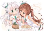  2girls anchor anchor_hair_ornament bangs blush brown_eyes brown_hair candle dress eating eyebrows_visible_through_hair food fork green_eyes hair_ornament hair_ribbon highres hizuki_yayoi holding holding_fork italian_text kantai_collection lady_and_the_tramp libeccio_(kantai_collection) long_hair maestrale_(kantai_collection) meatball mouth_hold multiple_girls one_side_up pasta ribbon sailor_collar sailor_dress silver_hair simple_background sleeveless sleeveless_dress spaghetti spaghetti_and_meatballs striped striped_neckwear table tablecloth tan twintails white_background 