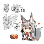  ! 1girl absurdres animal_ear_fluff animal_ears bangs blush_stickers chibi coin commentary_request eating eyebrows_visible_through_hair flying_sweatdrops food fox_ears fox_girl fox_tail grey_hair hair_between_eyes heart highres holding holding_food hood hood_down hooded_jacket jacket long_hair long_sleeves money notice_lines original partially_colored piggy_bank red_eyes red_jacket skirt soaking_feet spoken_exclamation_mark tail thumbs_up translation_request very_long_hair water white_background white_skirt wide_sleeves yuuji_(yukimimi) 