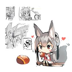  ! 1girl absurdres animal_ear_fluff animal_ears bangs blush_stickers chibi coin commentary_request eating eyebrows_visible_through_hair flying_sweatdrops food fox_ears fox_girl fox_tail grey_hair hair_between_eyes heart highres holding holding_food hood hood_down hooded_jacket jacket long_hair long_sleeves money notice_lines original partially_colored piggy_bank red_eyes red_jacket skirt soaking_feet spoken_exclamation_mark tail thumbs_up translation_request very_long_hair water white_background white_skirt wide_sleeves yuuji_(yukimimi) 