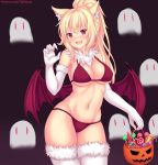  1girl animal_ear_fluff animal_ears bikini blonde_hair breasts candy cat_ears claws cowboy_shot demon_wings elbow_gloves english_commentary eyebrows_visible_through_hair fang fast-runner-2024 food fur_trim ghost gloves gradient gradient_background halloween highres large_breasts long_hair looking_at_viewer navel open_mouth original red_bikini red_eyes slit_pupils solo standing swimsuit thigh-highs tiffy_(fast-runner-2024) white_gloves white_legwear wings 