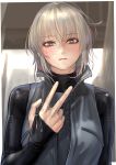  1girl blush bodysuit eyebrows_visible_through_hair gimp_suit grey_eyes grey_hair highres kilye_4421 latex_bodysuit looking_at_viewer original serious short_hair skin_tight solo upper_body v zipper 