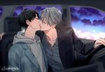  2boys artist_name black_hair blazer car_interior closed_eyes collared_shirt gearous hood hoodie jacket katsuki_yuuri kiss male_focus multiple_boys shirt silver_hair viktor_nikiforov yaoi yuri!!!_on_ice 