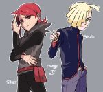  0_0box 2boys ahoge bangs belt_buckle black_pants black_shirt blonde_hair buckle character_name closed_mouth cosplay costume_switch fanny_pack gladion_(pokemon) gladion_(pokemon)_(cosplay) green_eyes grey_background grey_vest hair_over_one_eye hood hooded_vest hoodie jacket male_focus multiple_boys pants pointing pokemon pokemon_(game) pokemon_hgss pokemon_sm red_bag red_eyes redhead shirt short_hair silver_(pokemon) silver_(pokemon)_(cosplay) simple_background smile vest 