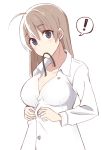  ! 1girl ahoge blue_eyes blush breasts brown_hair closed_mouth collarbone dressing eyebrows_visible_through_hair large_breasts long_hair looking_at_viewer lynette_bishop momiji7728 mouth_hold ribbon ribbon_in_mouth shiny shiny_hair shirt simple_background solo speech_bubble standing strike_witches upper_body white_background white_shirt world_witches_series 