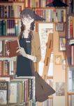  1girl amada_(12785891) apron bangs blunt_bangs blurry blurry_background book bookshelf braid brown_jacket glasses highres holding holding_book indoors jacket ladder long_hair long_neck original pale_skin pen picture_(object) pocket smile solo standing twin_braids twintails 