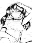  1girl absurdres arm_up armpit_peek bangs bed_sheet blush breasts eyebrows_visible_through_hair goback greyscale gym_shirt hair_between_eyes hair_bobbles hair_ornament highres long_hair lying monochrome navel on_back original shirt shirt_lift short_sleeves small_breasts solo surgical_mask twintails under_boob upper_body 