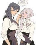  2girls alternate_costume alternate_hairstyle black_gloves black_hair blue_eyes blush breasts byleth_(fire_emblem) byleth_eisner_(female) cowboy_shot edelgard_von_hresvelg embarrassed english_text face-to-face fire_emblem fire_emblem:_three_houses food garreg_mach_monastery_uniform gloves long_hair long_sleeves looking_at_another medium_breasts mouth_hold multiple_girls neckerchief pocky pocky_day pocky_kiss profile radiostarkiller shirt shoulder_strap side_ponytail silver_hair simple_background skirt sleeves_rolled_up speech_bubble sweat turtleneck violet_eyes white_background 