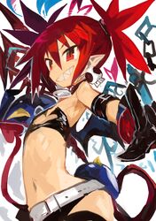  1girl absurdres back bangs bat_wings belt black_gloves black_legwear black_skirt chain choker demon_girl demon_tail demon_wings disgaea earrings elbow_gloves etna flat_chest gloves grin highres jewelry kaamin_(mariarose753) makai_senki_disgaea mini_wings navel pointy_ears prinny red_eyes redhead sharp_teeth skirt skull_earrings smile solo tail teeth thigh-highs twintails wings 