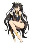  armlet artist_request asymmetrical_legwear bangs barefoot black_bikini_bottom crown detached_sleeves earrings elbow_gloves fate/grand_order fate_(series) feet gloves heavenly_boat_maanna highres hoop_earrings infinity ishtar_(fate/grand_order) jewelry long_legs neck_ring parted_bangs single_detached_sleeve single_elbow_glove single_sleeve single_thighhigh thigh-highs tiara two_side_up weapon 