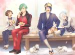  4boys ^_^ bandana blue_hair brown_hair cake castella_(food) cat closed_eyes food gokotai gokotai&#039;s_tigers green_eyes green_hair hair_over_one_eye hirano_toushirou japanese_clothes male_focus mikazuki_munechika momopanda multiple_boys open_mouth sandals sitting smile tiger tiger_cub touken_ranbu track_suit uguisumaru white_hair white_tiger yellow_eyes 