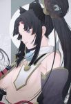  1girl animal_ears armor bangs black_hair black_headwear blue_eyes breasts circlet commentary_request detached_sleeves eyebrows_visible_through_hair fate/grand_order fate_(series) hair_rings head_feathers highres japanese_armor kusazuri long_hair long_sleeves looking_down medium_breasts mismatched_sleeves nose parted_bangs parted_lips rope shoulder_armor side_ponytail sidelocks sode solo under_boob upper_body ushiwakamaru_(fate/grand_order) very_long_hair wakahiko 