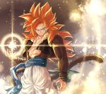  1boy abs arm_at_side blue_eyes blurry bokeh depth_of_field dragon_ball dragon_ball_gt dragon_ball_z energy_ball glowing gogeta gradient gradient_background grey_background legs_apart light_particles light_rays long_hair looking_away mattari_illust monkey_tail pants pectorals redhead smile spiky_hair standing super_saiyan_4 tail twitter_username upper_body very_long_hair waistcoat white_background white_pants wristband 