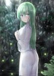  1girl ass bangs blush commentary_request cowboy_shot eyebrows_visible_through_hair from_side green_eyes green_hair hair_between_eyes kochiya_sanae leaf long_hair long_sleeves looking_at_viewer parted_lips partial_commentary robe rock see-through solo standing touhou wet wet_clothes white_robe y2 