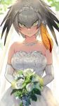  1girl alternate_costume bangs bare_shoulders blush bouquet bride diadem dress earrings elbow_gloves eyebrows_visible_through_hair flower gloves green_eyes grey_hair guchico hair_between_eyes head_wings holding holding_bouquet jewelry kemono_friends looking_at_viewer multicolored_hair necklace orange_hair shoebill_(kemono_friends) short_hair single_sidelock sketch solo strapless strapless_dress two-tone_hair upper_body wavy_mouth wedding_dress white_gloves 