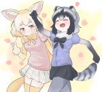  2girls :d ^_^ absurdres animal_ear_fluff animal_ears black_hair black_neckwear black_skirt blonde_hair blush bow bowtie brown_eyes closed_eyes commentary common_raccoon_(kemono_friends) cowboy_shot elbow_gloves extra_ears eyebrows_visible_through_hair fang fennec_(kemono_friends) fox_ears fox_girl fox_tail fur_collar fur_trim gloves gradient_gloves grey_hair grey_legwear heart highres index_finger_raised kemono_friends kona_ming multicolored_hair multiple_girls open_mouth outstretched_arms pantyhose pleated_skirt puffy_short_sleeves puffy_sleeves raccoon_ears raccoon_tail short_hair short_sleeves simple_background skirt smile striped_tail tail thigh-highs walking white_gloves white_skirt yellow_legwear yellow_neckwear 