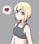  1girl bare_shoulders blonde_hair blue_eyes blush breasts closed_mouth collarbone erica_hartmann eyebrows_visible_through_hair grey_background grey_tank_top heart looking_to_the_side momiji7728 shiny shiny_hair short_hair simple_background small_breasts smile solo speech_bubble strike_witches tank_top upper_body world_witches_series 