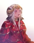  1girl blood blood_on_face bloody_clothes breasts coat cowboy_shot double_bun dress edelgard_von_hresvelg fire_emblem fire_emblem:_three_houses gradient gradient_background highres horn_ornament medium_breasts medium_hair nananfefksg open_mouth red_dress sidelocks silver_hair simple_background smile solo tiara violet_eyes white_background 
